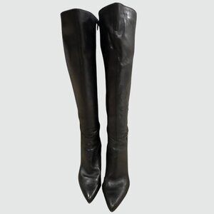 Nine West Black Leather Knee-High Heeled Boots – Pointed Toe